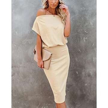 Ezbelle Women's Off The Shoulder Short Sleeve Ribbed Bodycon Casual Summer Party Pencil Dress Apricot,4-6