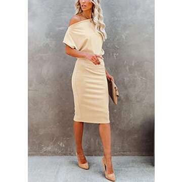 Ezbelle Women's Off The Shoulder Short Sleeve Ribbed Bodycon Casual Summer Party Pencil Dress Apricot,4-6