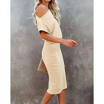 Ezbelle Women's Off The Shoulder Short Sleeve Ribbed Bodycon Casual Summer Party Pencil Dress Apricot,4-6