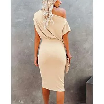 Ezbelle Women's Off The Shoulder Short Sleeve Ribbed Bodycon Casual Summer Party Pencil Dress Apricot,4-6