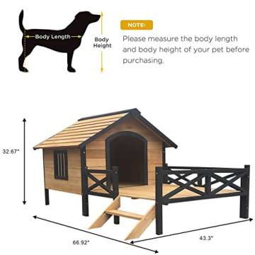 Wooden Large Dog House 43.3" L x 69.9" W x 32.7" H Extreme Outback Log Cabin Weatherproof Outdoor Pet Kennel, Cabin Style Elevated Pet Shelter w/Porch Deck