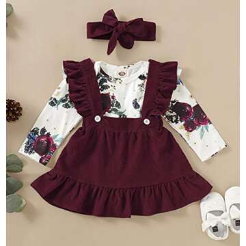 Infant Baby Girl Floral Romper+Velvet Ruffle Suspender Skirt+Headband Outfit Set (Wine Red, 6M)