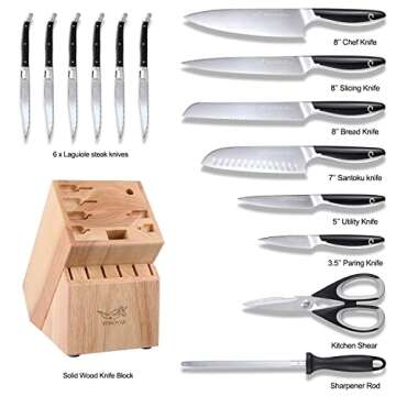 Knife Sets for Kitchen with Block, YONOVAK Black Whale Series 15-Piece 1.4116 German Steel Full Tang...