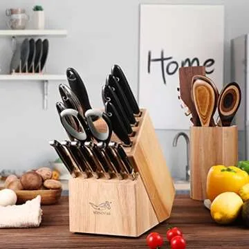 Knife Sets for Kitchen with Block, YONOVAK Black Whale Series 15-Piece 1.4116 German Steel Full Tang Handle Chef Kitchen Knife Set with 6 X Laguiole Steak Knives