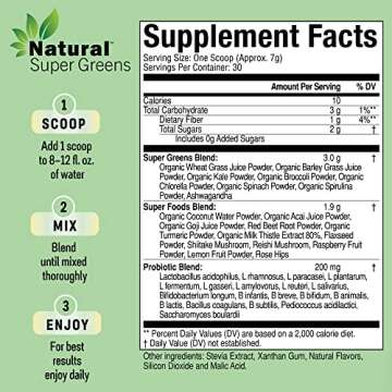 Natural Super Greens Powder Organic Supplements| Great Tasting Fruits and Vegetables Juice & Smoothie Mix| Probiotics & Digestive Enzymes| Green Superfood Spirulina & Chlorella (Citrus Berry)