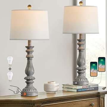 BOBOMOMO 27" Rustic 3-Way Dimmable Touch Table Lamps for Bedroom Farmhouse Lamp Set of 2 with 2 USB Charging Ports for Living Room Vintage Rustic Traditional Nightstand Lamp (2 Bulbs Included)
