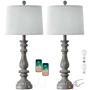 BOBOMOMO 27" Rustic 3-Way Dimmable Touch Table Lamps for Bedroom Farmhouse Lamp Set of 2 with 2 USB Charging Ports for Living Room Vintage Rustic Traditional Nightstand Lamp (2 Bulbs Included)