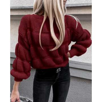 KIRUNDO Womens Fashion Fall Sweaters 2024 Casual Puff Sleeve Crew Neck Loose Chunky Knit Pullover Winter Cute Clothes, Wine Red, Large
