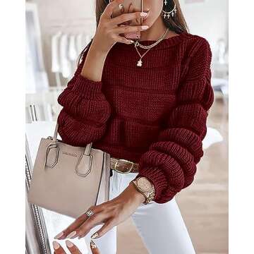 KIRUNDO Womens Fashion Fall Sweaters 2024 Casual Puff Sleeve Crew Neck Loose Chunky Knit Pullover Winter Cute Clothes, Wine Red, Large