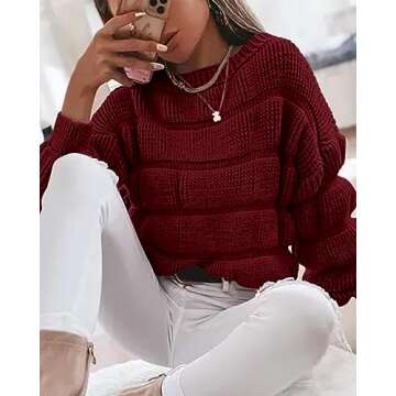 KIRUNDO Womens Fashion Fall Sweaters 2024 Casual Puff Sleeve Crew Neck Loose Chunky Knit Pullover Winter Cute Clothes, Wine Red, Large