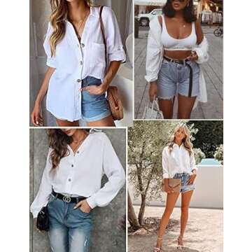 HOTOUCH White Button Up Shirt Women 100% Cotton Linen White Collar Shirts Long Sleeve Casual Work Blouse Top White L