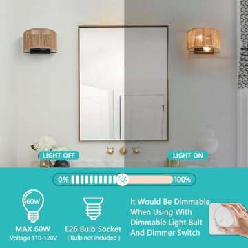 Rattan Boho Decor Wall Sconce Set of Two, Wall Hanging Lamps with Hand Woven Hemp Rope Shade, Farmho...