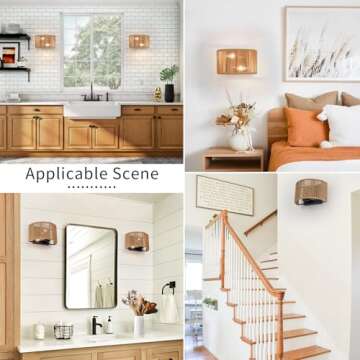 Rattan Boho Decor Wall Sconce Set of Two, Wall Hanging Lamps with Hand Woven Hemp Rope Shade, Farmhouse Rustic Wicker Black Wall Mount Vintage Sconces Light Fixture Indoor for Bedroom Bedside Stairway