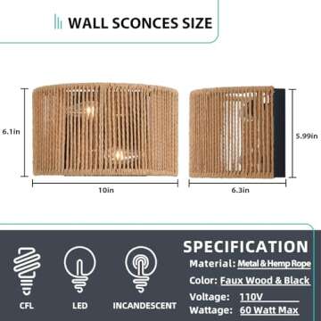 Rattan Boho Decor Wall Sconce Set of Two, Wall Hanging Lamps with Hand Woven Hemp Rope Shade, Farmhouse Rustic Wicker Black Wall Mount Vintage Sconces Light Fixture Indoor for Bedroom Bedside Stairway