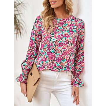 Diukia Womens Chiffon Ruffle Blouse Shirt Elegant Boho Floral Print Tops Ladies Cute Flowy Flounce Balloon Long Sleeve Shirts for Spring Fall Summer Purple Large