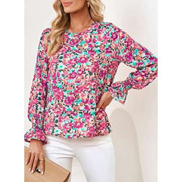 Diukia Womens Chiffon Ruffle Blouse Shirt Elegant Boho Floral Print Tops Ladies Cute Flowy Flounce Balloon Long Sleeve Shirts for Spring Fall Summer Purple Large