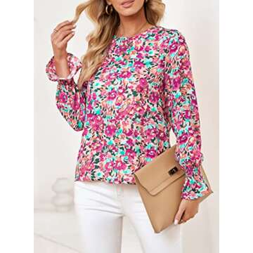 Diukia Womens Chiffon Ruffle Blouse Shirt Elegant Boho Floral Print Tops Ladies Cute Flowy Flounce Balloon Long Sleeve Shirts for Spring Fall Summer Purple Large