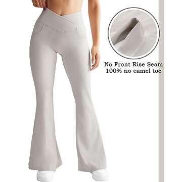 OMKAGI V Waist Flare Leggings for Women Tummy Control Wide Leg Yoga Pants with Pockets(M,17-Beige)