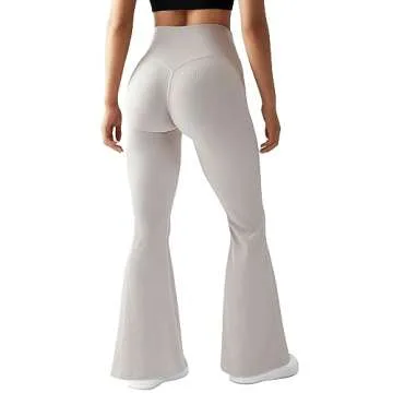 OMKAGI V Waist Flare Leggings for Women Tummy Control Wide Leg Yoga Pants with Pockets(M,17-Beige)