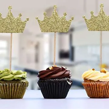 Gold Glitter Crown Cupcake Toppers for Celebration Decor