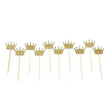 Gold Glitter Crown Cupcake Toppers for Celebration Decor