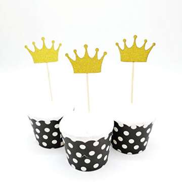 Gold Glitter Crown Cupcake Toppers Cake Decoration for First Birthday, Birthday Party, Baby Shower, Wedding - 40 Pack