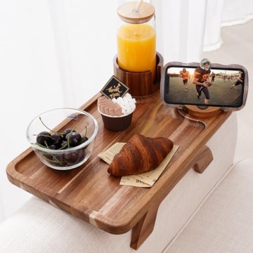 Nnewvante Couch Cup Holder Tray, 3 in 1 Large 15.36"x9.85" Acacia Wood Sofa Arm Clip on Tray Table w...