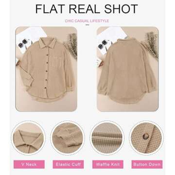 Dokotoo Women Waffle Knit Top 2024 Fashion Solid Color Oversized Long Sleeve Button Up Pockets Shirts Ladies Loose Fit Shacket Tunic Blouses Khaki Medium