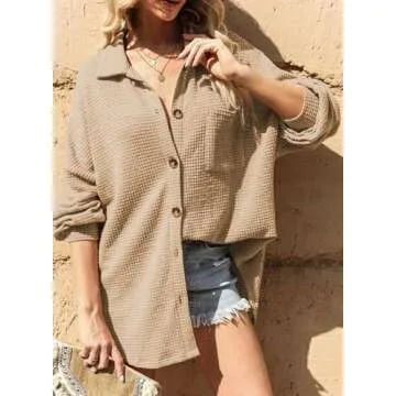Dokotoo Women Waffle Knit Top 2024 Fashion Solid Color Oversized Long Sleeve Button Up Pockets Shirts Ladies Loose Fit Shacket Tunic Blouses Khaki Medium