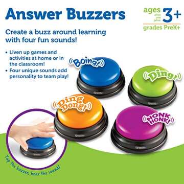 Learning Resources Answer Buzzers - Set of 4, Ages 3+, Assorted Colored Buzzers, Game Show Buzzers, Perfect for Family Game and Trivia Nights, for Kids