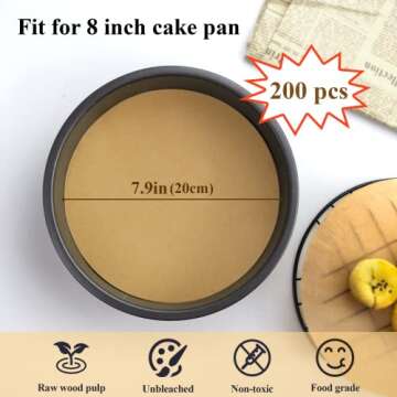 DISSKNIC 8 Inch Parchment Paper Rounds - 200PCS Non-Stick Unbleached Baking Sheets