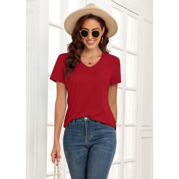 KevaMolly V Neck Basic Red T Shirts for Women UPF 50+ Short Sleeve 2025 Summer Trendy Tops Solid Casual Loose Fit Tee Shirt XL
