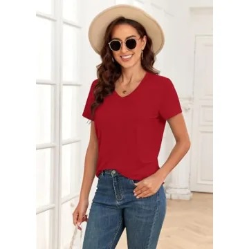 KevaMolly V Neck Basic Red T Shirts for Women UPF 50+ Short Sleeve 2025 Summer Trendy Tops Solid Casual Loose Fit Tee Shirt XL