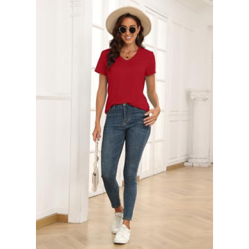 KevaMolly V Neck Basic Red T Shirts for Women UPF 50+ Short Sleeve 2025 Summer Trendy Tops Solid Casual Loose Fit Tee Shirt XL