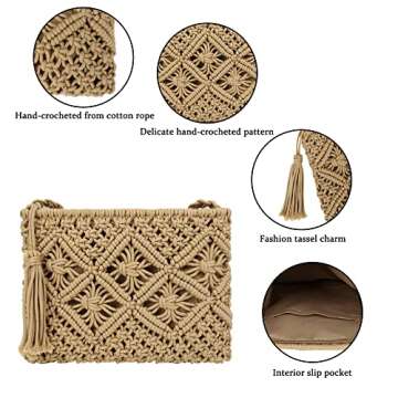 Youjaree Women Crochet Shoulder Bag Handmade Woven Beach Crossbody Handbag Satchel Purse with Tassel for Summer (A-Light Brown)