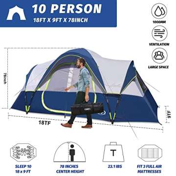 UNP Camping Tent 10-Person-Family Tents, Parties, Music Festival Tent, Big, Easy Up, 5 Large Mesh Windows, Double Layer, 2 Room, Waterproof, Weather Resistant, 18ft x 9ft x78in (Dark Blue)