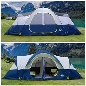 UNP Camping Tent 10-Person-Family Tents, Parties, Music Festival Tent, Big, Easy Up, 5 Large Mesh Windows, Double Layer, 2 Room, Waterproof, Weather Resistant, 18ft x 9ft x78in (Dark Blue)