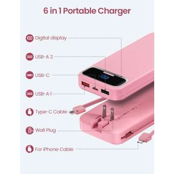 12000mAh Lightweight-Portable-Charger-Power-Bank with Built-in Cables and AC Wall Plug, PD20W USB-C ...