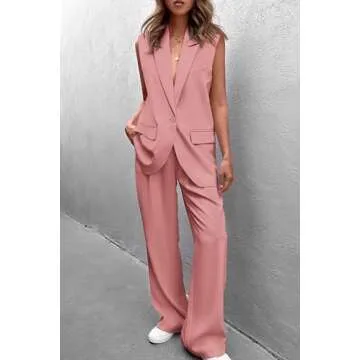 PRETTYGARDEN Women's 2 Piece Outfits Sleeveless Suit Vest and Wide Leg Pants Business Casual Blazer Sets (Light Pink,Small)