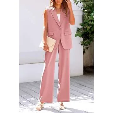 PRETTYGARDEN Women's 2 Piece Outfits Sleeveless Suit Vest and Wide Leg Pants Business Casual Blazer Sets (Light Pink,Small)
