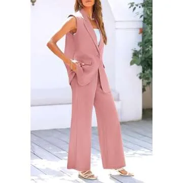 PRETTYGARDEN Women's 2 Piece Outfits Sleeveless Suit Vest and Wide Leg Pants Business Casual Blazer Sets (Light Pink,Small)