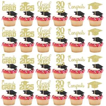 30Pcs Gold Glitter Graduation Cupcake Toppers – Class of 2025 Picks