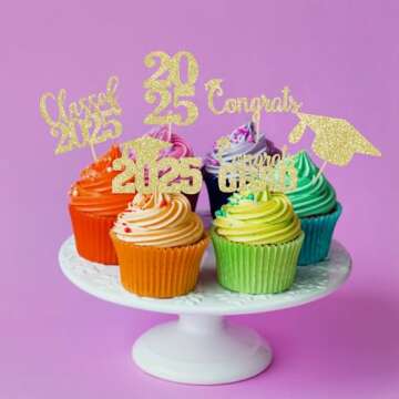 Gold Glitter Graduation Cupcake Toppers for 2025