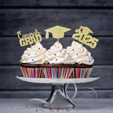 Gold Glitter Graduation Cupcake Toppers for 2025
