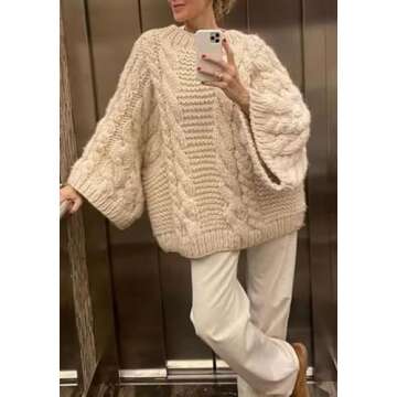 LETSVDO Women's Oversized Cable Knit Sweater Long Sleeve Crewneck Baggy Slouchy Chunky Pullover Swea...