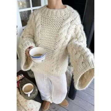 LETSVDO Women's Oversized Cable Knit Sweater Long Sleeve Crewneck Baggy Slouchy Chunky Pullover Sweaters Beige
