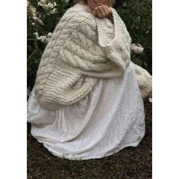LETSVDO Women's Oversized Cable Knit Sweater Long Sleeve Crewneck Baggy Slouchy Chunky Pullover Sweaters Beige