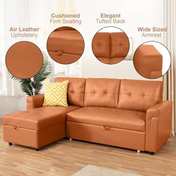 Naomi Home Transform Any Space: Sleeper Sectional Sofa with Convertible Sofa Bed & Inviting Chaise. Find Tranquil Comfort with Stress-Relieving Design & Durable Cushions - Caramel,Air Leather