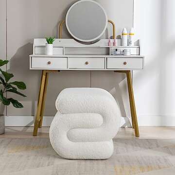 KIVENJAJA Sherpa Ottoman Stool, Modern S-Shaped Boucle Vanity Stool Pouf Ottoman Seat, Decorative Floor Chair Foot Stool for Makeup Room, Bedroom, Living Room (Teddy, White)