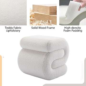 KIVENJAJA Sherpa Ottoman Stool, Modern S-Shaped Boucle Vanity Stool Pouf Ottoman Seat, Decorative Floor Chair Foot Stool for Makeup Room, Bedroom, Living Room (Teddy, White)